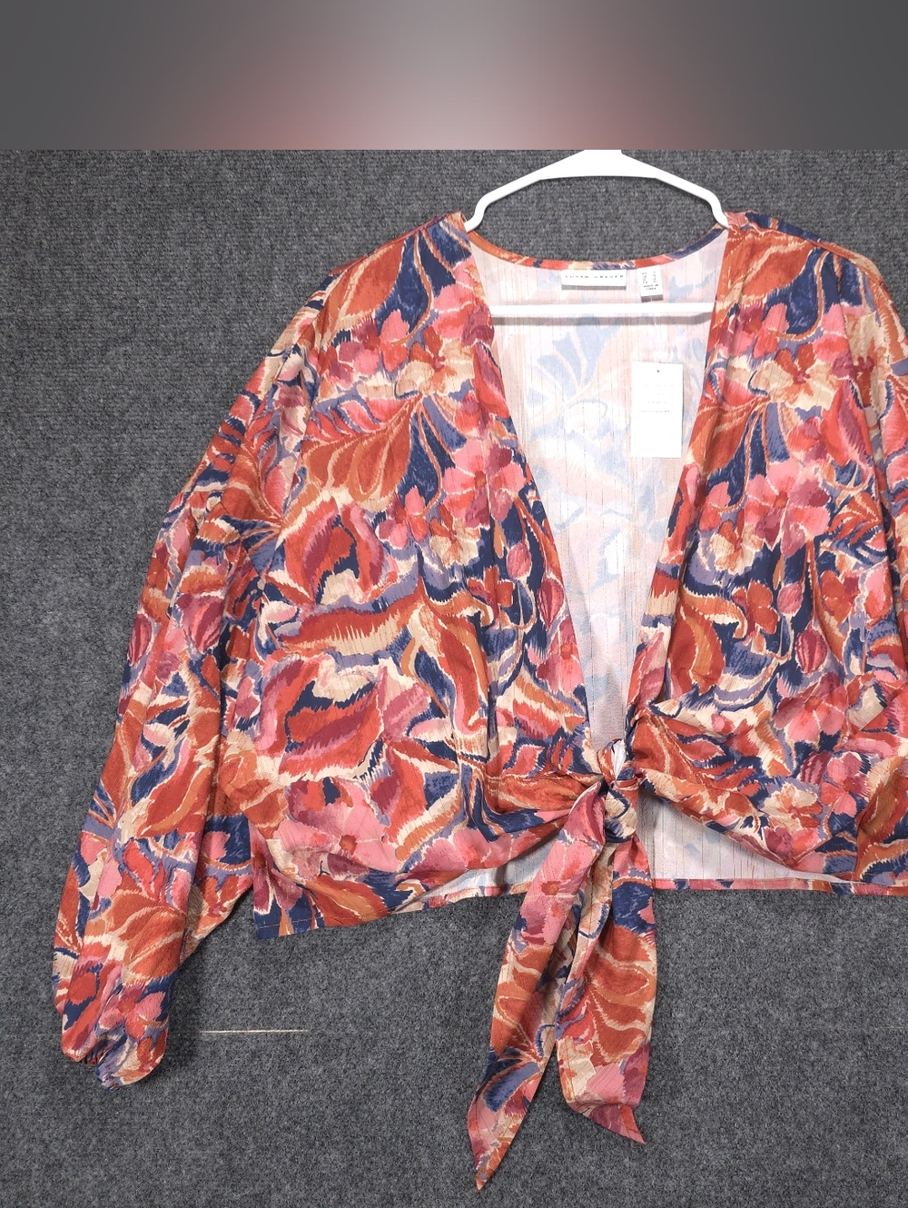 Susan Graver Women's L Floral Ikat Print Tie-Front Crop Jacket Metallic QVC Top
